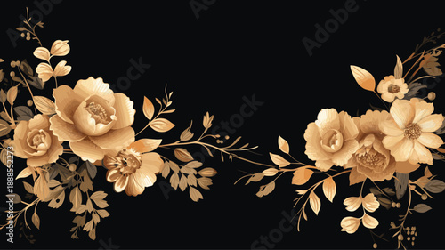 Gold Floral Corner Decoration on Black Background, Elegant Luxury Design for Invitation