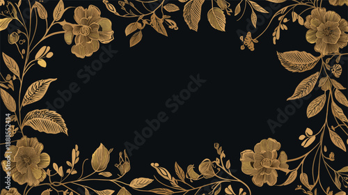 Luxury Gold Floral Frame on Black Background, Elegant Wedding Invitation Border Design