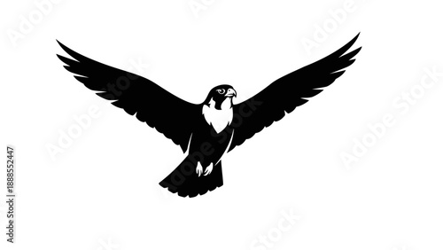 A black silhouette of a bird in flight with outstretched wings against a white background.