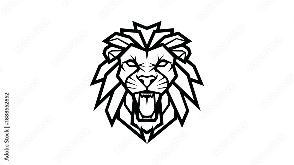 Obraz premium A black line art illustration of a lion's head with its mouth open.
