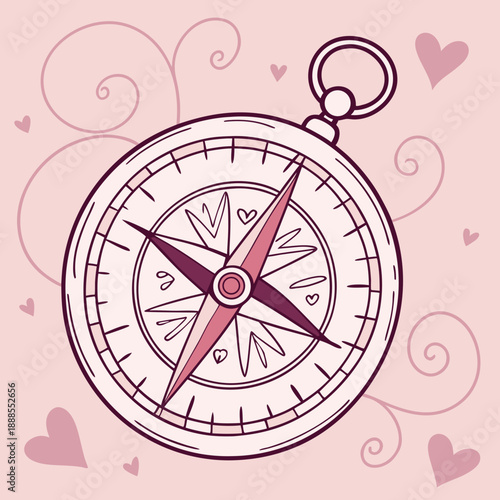 Whimsical pink compass illustration with hearts and swirls