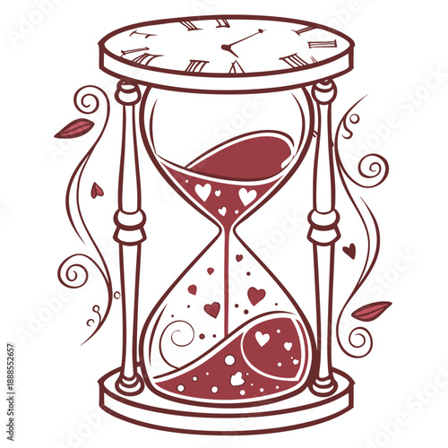 Romantic hourglass illustration with hearts and clock face