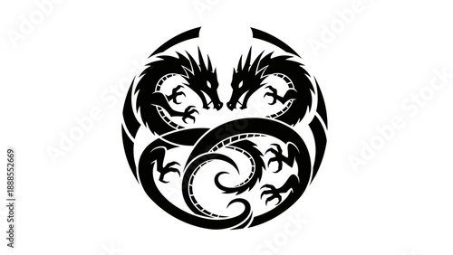Black tribal dragon design on a white background with swirling patterns.