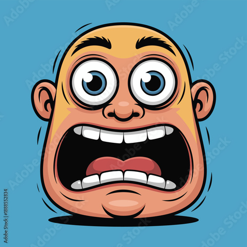 Cartoon character with exaggerated wide eyes and open mouth on blue background
