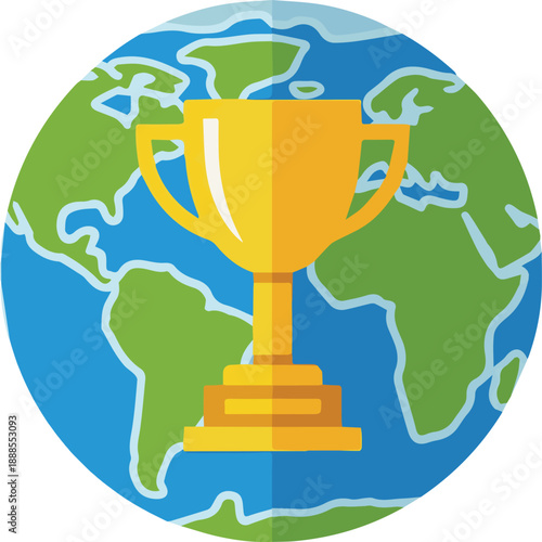 Golden trophy on a stylized world map illustration showcasing global achievement and success from a centered viewpoint