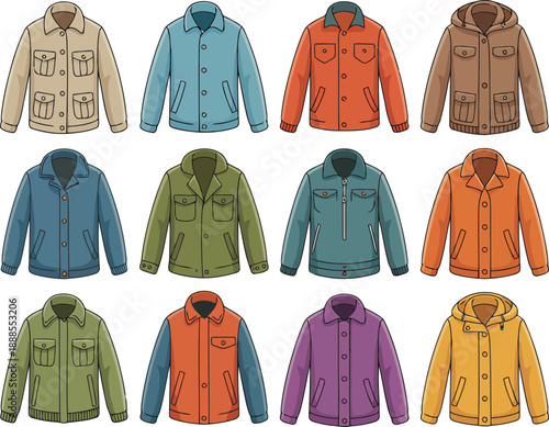 A collection of various colorful jackets and coats featuring different pockets and sleeve designs
