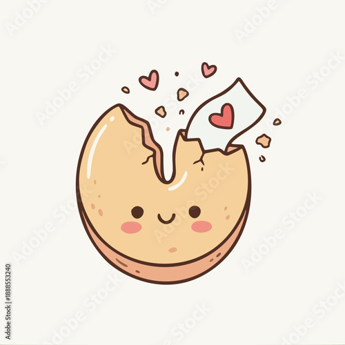 Cute Cracked Fortune Cookie Character with Heart Message, Kawaii Dessert Vector