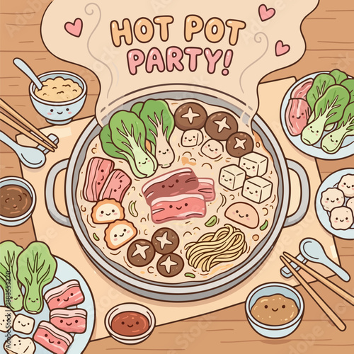 Cute Kawaii Hot Pot with Happy Ingredient Characters, Meat Vegetable and Tofu Party Vector