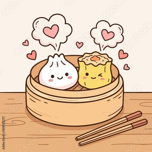 Cute Kawaii Dim Sum in Bamboo Steamer Basket, Ha Gow and Siu Mai Dumpling Characters Vector