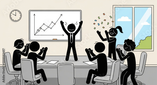 Business team celebrates successful presentation in meeting room.