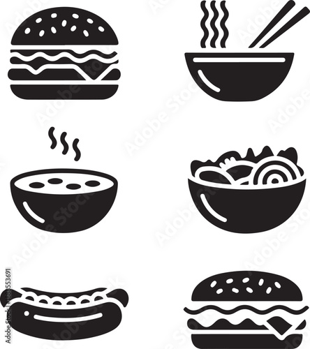 Food icons including burgers and bowls of noodles and soup on white