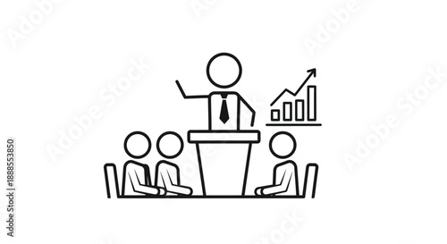 Business presentation with speaker and audience graph.