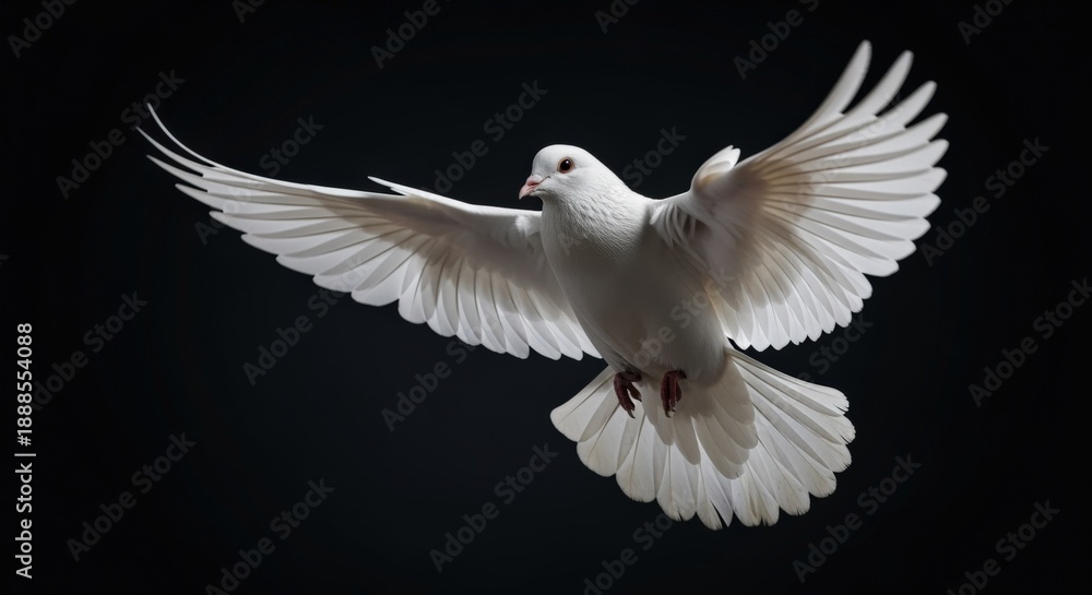 Obraz premium Majestic White Dove in Flight: Symbol of Peace, Freedom, and Grace on Dark Background