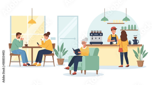 cafe interior, people enjoying coffee, leisure time, customer service