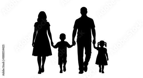 Silhouette depiction of a complete family walking together hand in hand with their children