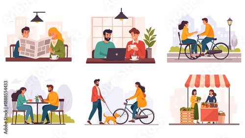 people enjoying leisure time, various activities outdoors and indoors