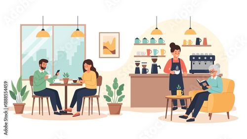 Coffee shop scene with people enjoying drinks and reading