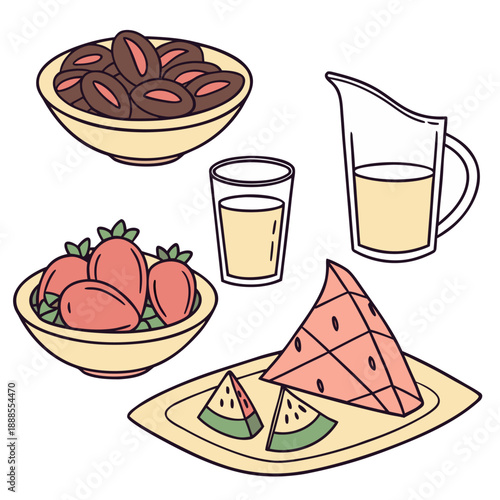 Colorful Vector Illustration of Healthy Breakfast Food with Dates and Fruit, Flat Line Art Design for Culinary and Cultural Lifestyle Concepts.