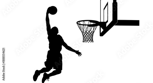 Silhouette of a basketball player performing a slam dunk with focus and determination action