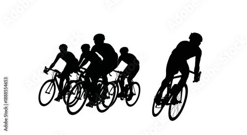 Silhouette of cyclists in a race, representing teamwork, competition and speed on road