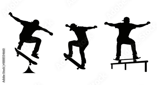 Dynamic skateboarders silhouettes performing tricks on a white background expressive art