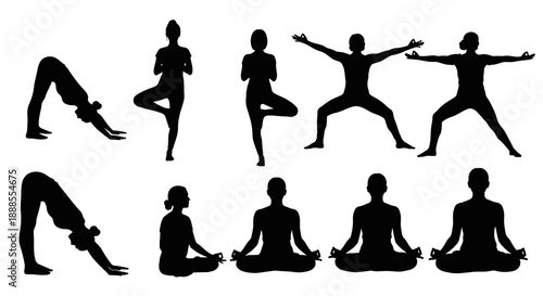 Silhouette collection of diverse yoga poses showcasing balance flexibility and meditation for