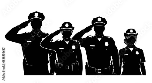 Silhouette of police officers saluting as a symbol of respect and honor towards the fallen heroes