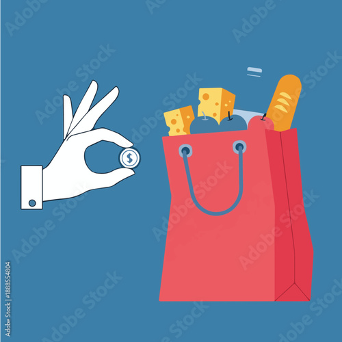 Hand placing coin into red shopping bag containing bread and cheese