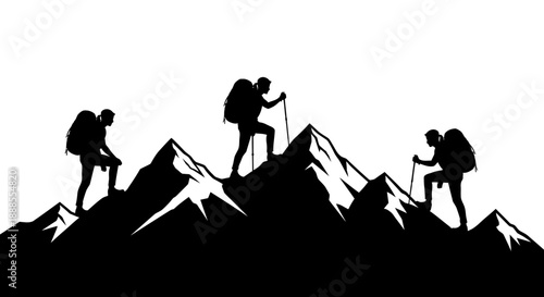 Silhouette of mountain climbers conquering peaks against a bright white background