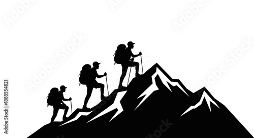 Silhouette illustration of mountain climbers reaching the summit of a peak challenge
