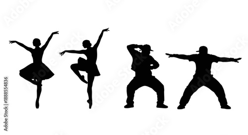 Silhouettes of graceful ballet dancers and dynamic hip-hop performers in motion