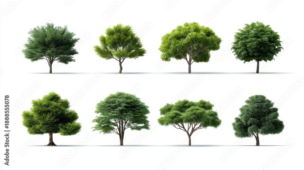 Fototapeta premium A Diverse Collection of Eight Realistic Tree Models Representing Various Leaf Shapes and Shades for Nature and Landscape Illustration