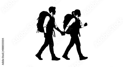 Silhouette of a couple hiking together holding hands with backpacks on a white background