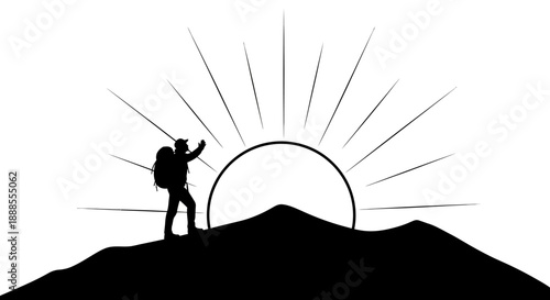 Silhouette of a hiker with backpack on mountain peak at sunrise capturing adventure and inspiration