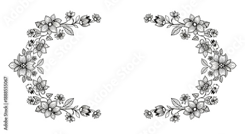 Elegant floral frame with hand-drawn flowers and leaves creates a delicate design element