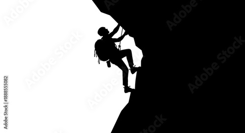 Silhouette of a rock climber ascending a steep rock face against a stark white background