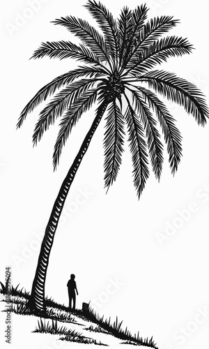 Monochrome Palm Tree with Figure in Landscape Illustration.