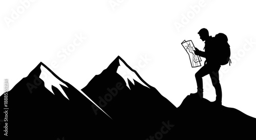 Silhouette of a hiker reading a map on a mountain peak adventure travel concept