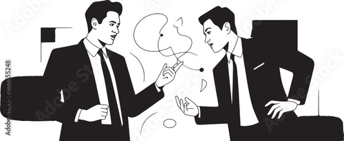 Two sharply dressed businessmen in suits engage in a serious discussion, gesturing toward abstract, tangled lines representing complex problem-solving or negotiation challenges.