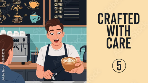 Barista serving latte art to customer at coffee shop