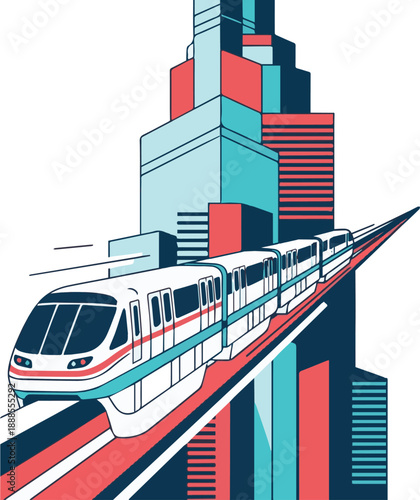 Modern monorail train speeding through elevated track in futuristic cityscape with sleek skyscrapers