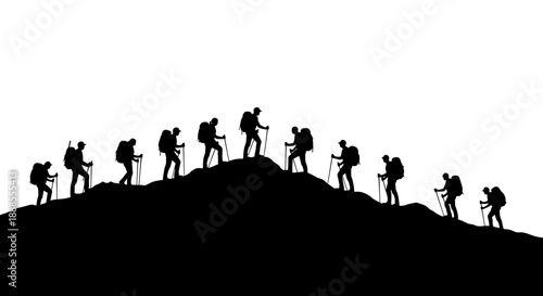 Silhouette of a group of hikers climbing a mountain against white background landscape trekking