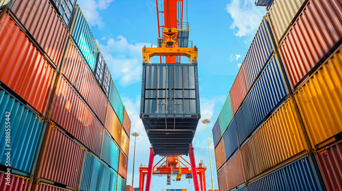 logistic for import export  and transport cranes lifting box containers at port.