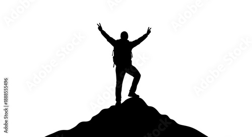 Silhouette of a triumphant hiker on mountain peak celebrating success achieved reaching the summit
