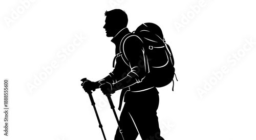Silhouette of a Man Hiking with Backpack and Trekking Poles in Black and White Style