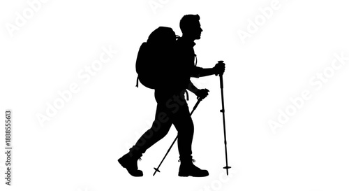 Silhouette of a male hiker with backpack and trekking poles on a white background