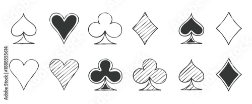 Card suit icons set. Symbols of cards suit. Playing card suit hand drawn. Vector image