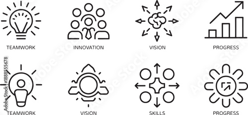 Various abstract icons visualize key business concepts such as team collaboration, strategic vision expansion, idea generation via a lit bulb, and upward progress represented by a bar chart.
