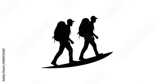 Silhouette of two backpackers on a surfboard conveying adventure and partnership spirit