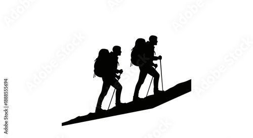 Silhouette of two hikers with backpacks climbing a steep mountain path on a white background